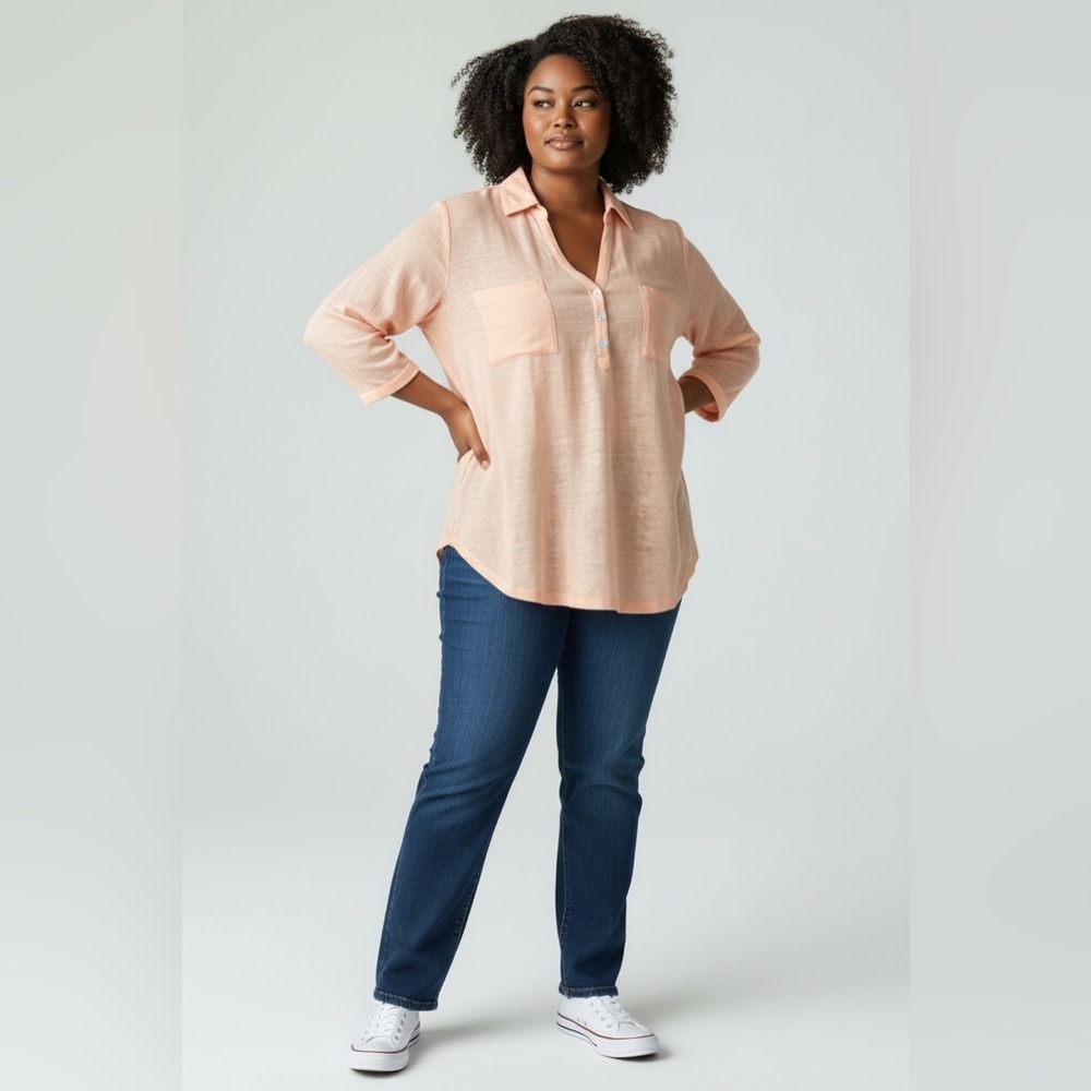 Chicos‎ Peach Linen 3/4 Length Sleeve Pullover Top, Size 3